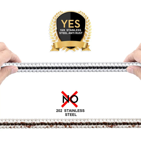 Hands holding Extra Long 79 Inch Stainless Steel Shower Hose With Brass Insert And Nut, Chrome Finish Flexible Handheld Shower Head Hose, anti-rust badge