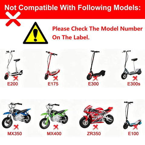 Image showing incompatible models for 12V Replacement Charger For Power Core 90 And E90 E95 Electric Scooters And Kids Ride Ons