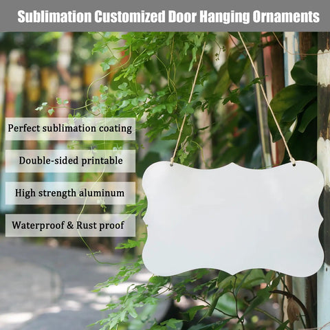 8 Pack 10 Inch Double Sided Aluminum Sublimation Door Sign Blanks With Jute Rope for heat press hanging on greenery.