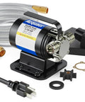 Portable Electric Water Transfer Pump 1/10 HP With Suction Hose Kit for Low Suction Water Removal, showing pump and accessories