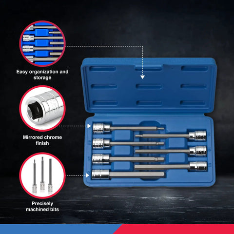 Three Eighths Inch Drive Extra Long Allen Hex Bit Socket Set For Metric Bolts From Three Millimeter To Ten Millimeter, S2 Steel Bits And Chrome Vanadium Sockets, Seven Piece Master Set For Hard To Reach Fasteners