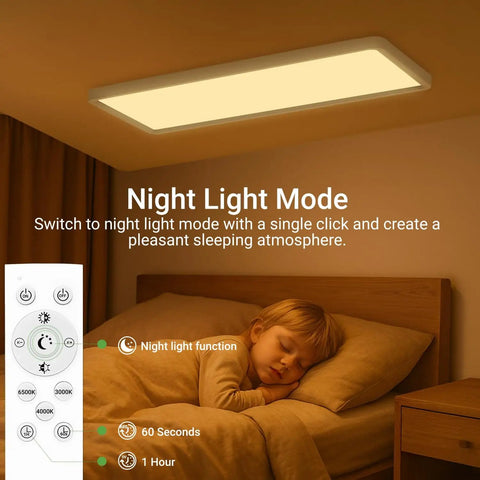 Flat Panel LED Light With Remote, 22.8x7.8 Inch, 32W, 3500LM, 3000K-6500K Adjustable Color Temperature, Dimmable Flush Mount Ceiling Fixture shown in bedroom