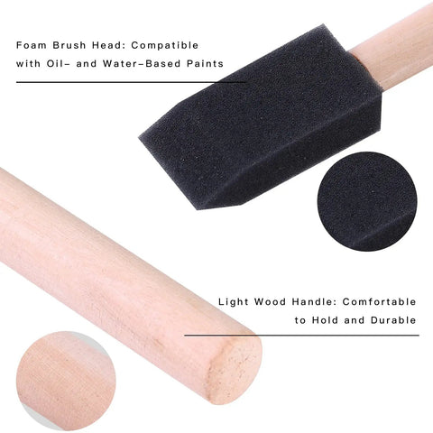 Kick Ass 1 Inch Foam Paint Brushes 12 Pack High Density Polyfoam Applicators For Mod Podge Wood Staining Wall Decor Awesome Household Cleanup Tasks Zero Hassle, featuring foam brush head and light wood handle.