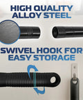Close-up of Heavy Duty Workhorse 18 Inch Push Broom's alloy steel telescoping handle with swivel hook for easy storage.