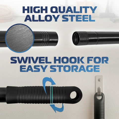 Close-up of Heavy Duty Workhorse 18 Inch Push Broom's alloy steel telescoping handle with swivel hook for easy storage.