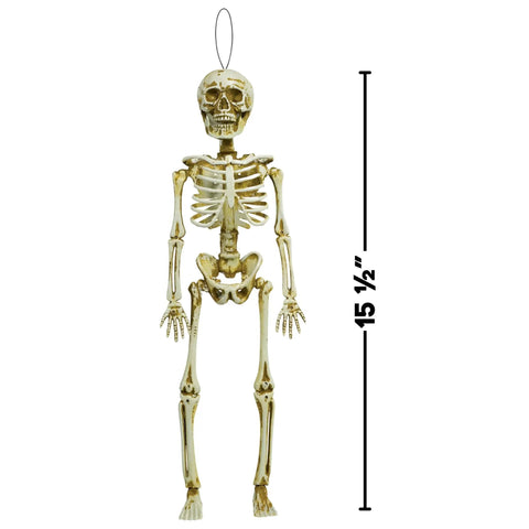 Spooky White Plastic Hanging Skeleton Fifteen Point Five Inch For Halloween Decor Realistic Decayed Bones And Creepy Grin