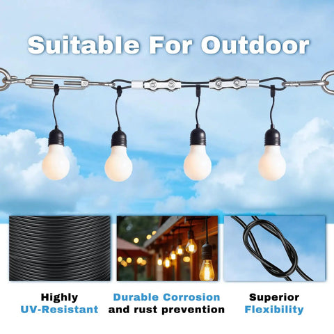 170Ft String Light Hanging Kit With Heavy Duty 304 Stainless Steel Cable Suspension System for Outdoor Use