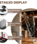 Foldable Aluminum Attic Ladder With 8 Step Design Portable Bunk Bed Access Stair With Handrails Built Tough Anti Slip Metal Climb Step Ladder For Dorm RV Home Supports 330 Lbs Easy Fold And Store, man using ladder in attic