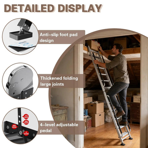 Foldable Aluminum Attic Ladder With 8 Step Design Portable Bunk Bed Access Stair With Handrails Built Tough Anti Slip Metal Climb Step Ladder For Dorm RV Home Supports 330 Lbs Easy Fold And Store, man using ladder in attic