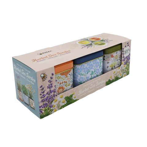 Herbal Tea Garden Starter Kit With Lavender Chamomile And Lemon Balm Seeds In 3 Square Tin Planters No Fuss Easy Indoor Homegrown Herb Kit For Windowsill Relaxing Gift For Garden Lovers in packaging
