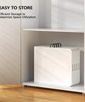 Six Foot Folding Table For Indoor Outdoor Use stored upright in closet, white HDPE top with handle, easy to fold and store, gray frame