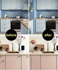 Modern kitchen before and after upgrade with new cabinets and decor.