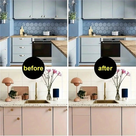 Modern kitchen before and after upgrade with new cabinets and decor.