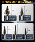 Built Different High Speed Steel Unibit Step Drill Bit Set Boasts Advanced Titanium Coating showing 5 pieces with sizes and shanks.