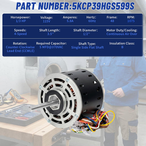 Furnace Blower Motor Heavy Duty One Third HP 115V 1075 RPM Four Speed Replacement for GE Trane American Standard in workshop