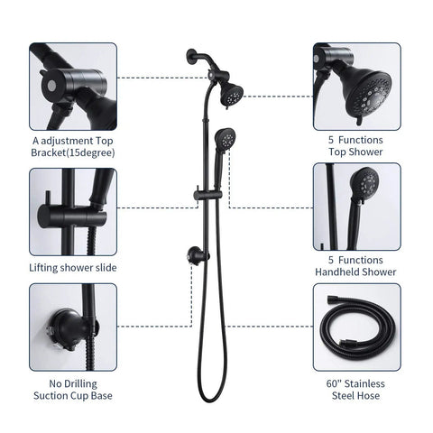 Diagram of Oil Rubbed Bronze 2 In 1 Shower Head Set With Liftable Handheld 5 Functions Dual Shower Heads 60 Inch Hose