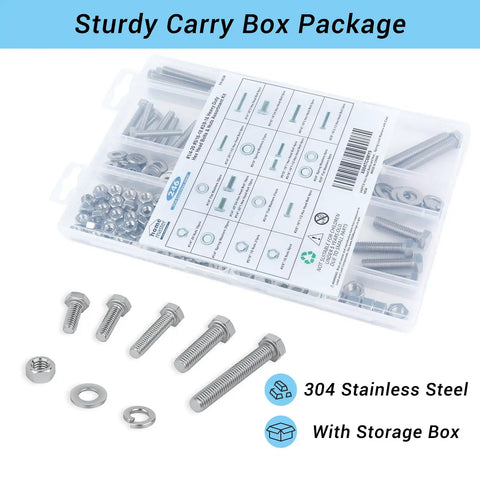 Kickstart Every Job With This Dang Tough 304 Stainless Steel Hex Bolt And Nut Assortment Kit With Heavy Duty Case For Auto And Home Repairs Smooth Threading No Sweat Fixes In 246 Piece Set in clear storage box with assorted bolts and nuts.