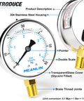 Stainless Steel Liquid Filled Pressure Gauge 2 1/2 Inch Dial 0-60 Psi Lower Mount 1/4 Inch NPT Pack of 2 With 1/2 Inch And 3/8 Inch NPT Hex Bushings For Pool Sand Filter Pressure Test For Pool Pros close-up