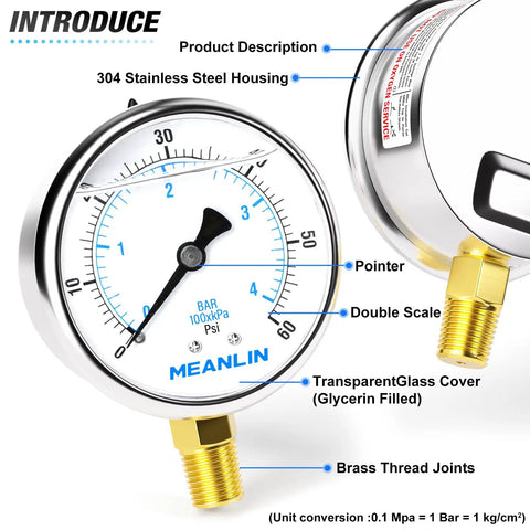 Stainless Steel Liquid Filled Pressure Gauge 2 1/2 Inch Dial 0-60 Psi Lower Mount 1/4 Inch NPT Pack of 2 With 1/2 Inch And 3/8 Inch NPT Hex Bushings For Pool Sand Filter Pressure Test For Pool Pros close-up