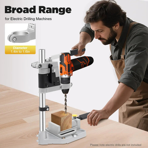 Man using portable drill press stand and hand drill adapter aluminum base single hole workstation for precise drilling.