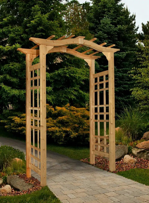 Cedar Garden Arbor With Lattice For Climbing Plants, Golden Brown Natural Wood Finish, 47 Inch Wide Outdoor Plant Support in garden