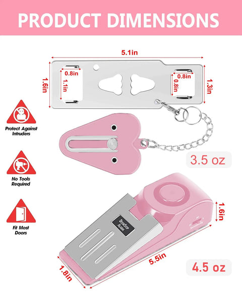 Product dimensions of Pocket Door Lock And Alarm Dual Protection For Hotels And Travel Stays Pink Portable Door Stop Self Defense Tool