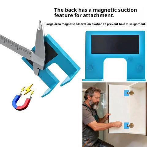Magnetic Door Hinge Jig for No Drill Needed Installations, blue jig with magnetic backing measuring a door hinge for accurate alignment.