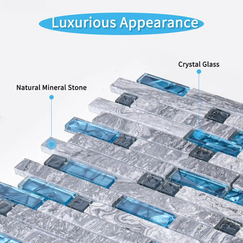 Blue Gray Glass Dope Decorative Tile 5 Pack Mosaic for Kitchen Backsplash with natural mineral stone and crystal glass details