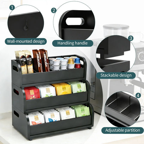 Three Layer Stackable Tea Bags Organizer Made From Bamboo With Large Capacity Go To Display Rack For Pantry Kitchen Office Coffee Station And Bars Restaurants Black with tea bags and coffee pods