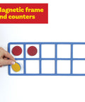 Giant Magnetic Foam Ten Frames Set With 20 Counters for Early Math Concepts, showing a blue frame and colored counters on a magnetic surface.