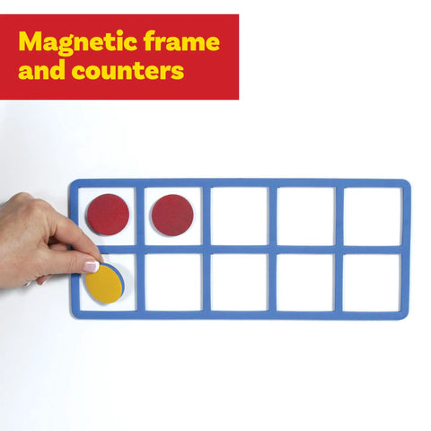 Giant Magnetic Foam Ten Frames Set With 20 Counters for Early Math Concepts, showing a blue frame and colored counters on a magnetic surface.