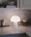 Mushroom Glass Table Lamp 12.75 Inch For Bedside Tables And Desks, Dope Modern Nightstand Light With Warm White Glow on marble countertop