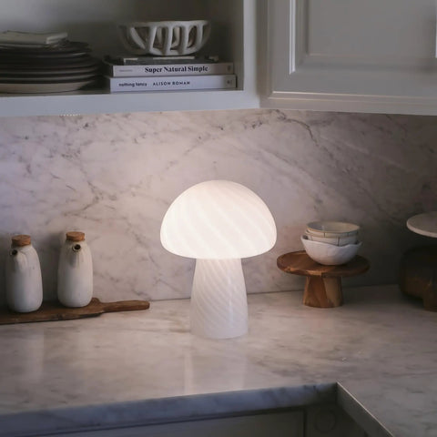 Mushroom Glass Table Lamp 12.75 Inch For Bedside Tables And Desks, Dope Modern Nightstand Light With Warm White Glow on marble countertop