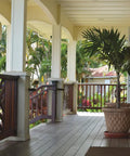 Wooden deck with railing and potted plant, suitable for Deck Drive Wood Screws Collated 8 By 1 And 5 Eighths Inch Torx T25 6 Lobe Tan.