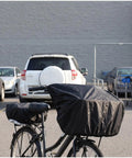 Heavy Duty Waterproof Bike Rack Cover With 60 Liters Rain Protection To Keep Treasures Dry On Outdoor Adventures And Sudden Showers For Most Bikes, black waterproof cover on bike rack in parking lot