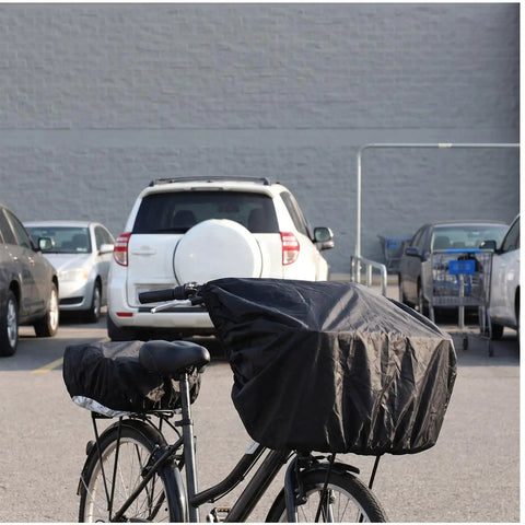 Heavy Duty Waterproof Bike Rack Cover With 60 Liters Rain Protection To Keep Treasures Dry On Outdoor Adventures And Sudden Showers For Most Bikes, black waterproof cover on bike rack in parking lot