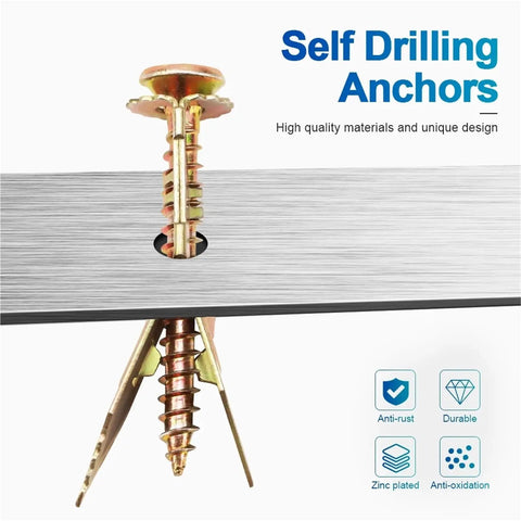 Self Drilling Drywall Anchors And Screws Kit For TV Mounts Cabinets And Curtains Fixing No Pre Drill Install, zinc plated anchor in drywall