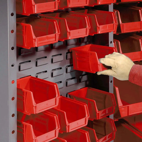 Built Tough Heavy Duty Storage Cabinet With 132 Red Plastic Parts Organizer Bins, Lockable Front Doors, red bins being accessed.