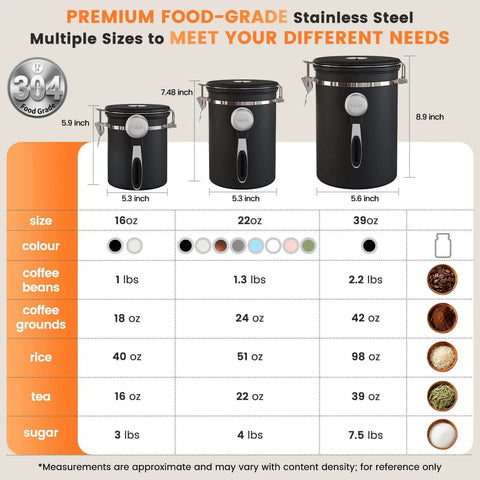 Size comparison illustration of Airtight Stainless Steel Coffee Canister With Window 22 Oz Pantry Storage For Ground Coffee Beans