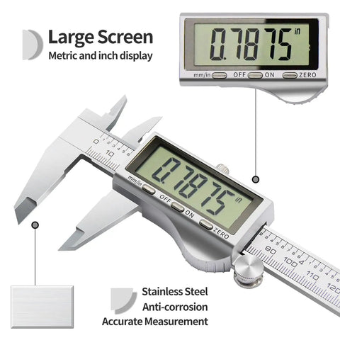 Digital Caliper 6 Inch Stainless Steel Electronic Calipers With Large LCD Display Inch To Millimeter Conversion and inch reading.