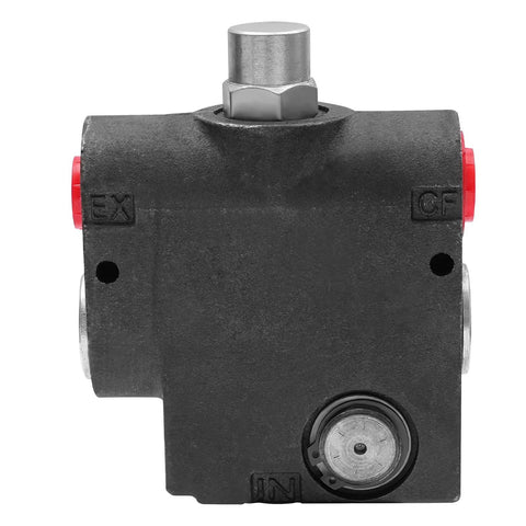 Front view of DUIBAII hydraulic adjustable flow control valve, black metal body with red ports, 3/4 in NPT
