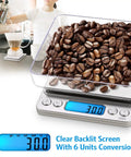 Digital Kitchen Scale With 3000G Capacity And One Hundredth Ounce And One Tenth Gram Precision Pocket Coffee Scale Mini Food Scale For Jewelry Pro Backlit LCD Display Tare And PCS Functions Stainless Steel Batteries Included displaying coffee beans