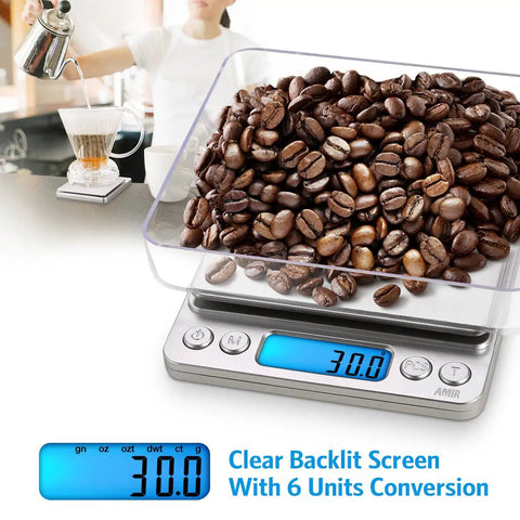 Digital Kitchen Scale With 3000G Capacity And One Hundredth Ounce And One Tenth Gram Precision Pocket Coffee Scale Mini Food Scale For Jewelry Pro Backlit LCD Display Tare And PCS Functions Stainless Steel Batteries Included displaying coffee beans