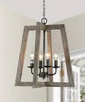 Rustic Farmhouse Chandelier Light Fixture For Dining Room And Foyer With Four Light Arms And Antique Wood Frame, displayed