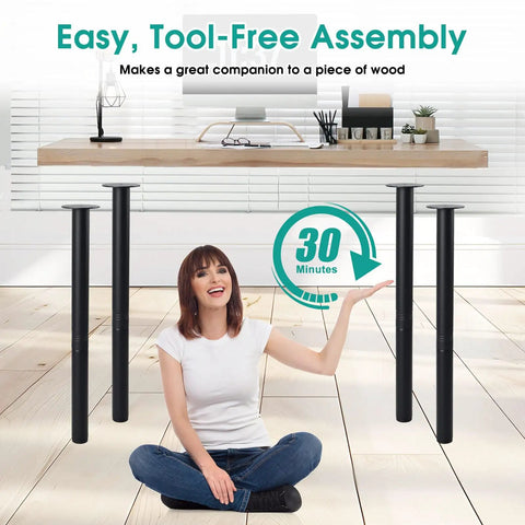 Image of a woman sitting by a table with 28 Inch Adjustable Metal Desk Legs Set Of 4 Heavy Duty Steel Feet For DIY Projects