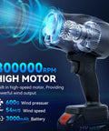 Cordless Leaf Blower 300000 RPM Handheld Power For Patio Cleaning And Lawn Care, showcasing high-speed motor and battery features