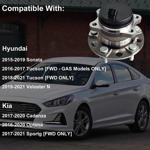 Heavy Duty Rear Wheel Bearing And Hub Assembly Set 5 Lug With ABS Fits Hyundai Sonata 2015 2019 Tucson 2016 2020 Veloster N 2019 2021