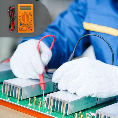 830D Digital Multimeter Tester with Buzzer 1999 Counts in use for electronics diagnostics, gloved hands testing circuit board components
