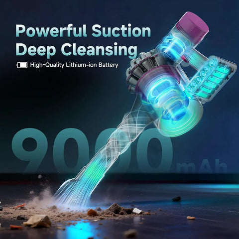 Top Shelf 9000mAh Battery Replacement For Dyson V7 Series And V7 Animal Cordless Vacuum Cleaners showing powerful suction on dust.