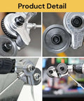 Close-up views of Electric Drill Plate Cutter Nibbler Attachment for cutting iron, steel, copper, and aluminum with precise grooves.